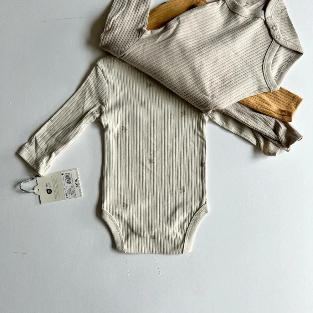 2 Cloud Island 3pc Ribbed Cream and Tan Baby Bodysuit Set Long Sleeve Bird Print - Picture 12 of 13